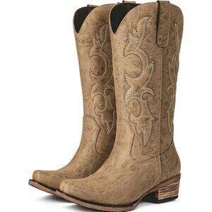Women's Camel Embroidered Cowgirl Fashion Chunky Heel Western Boots  Mid Calf